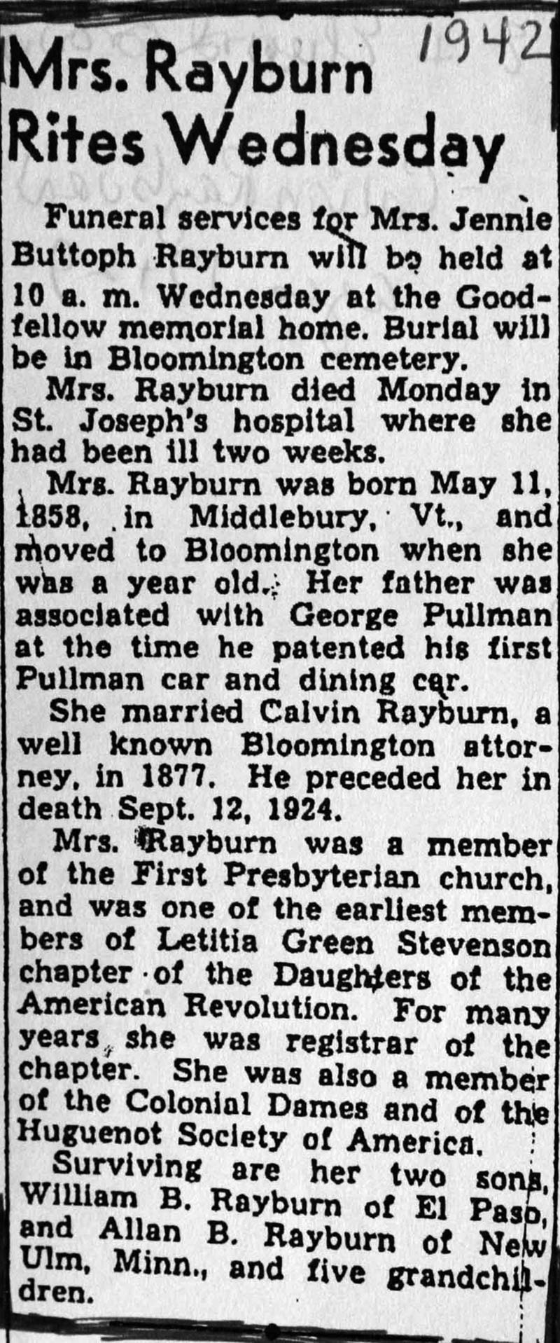 Jennie Buttlolph Rayburn Obituary